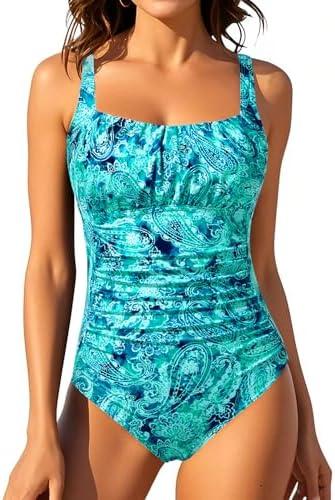Aqua Eve One Piece Bathing Suit for Women Tummy Control Swimsuit Slimming Vintage Swimwear, L