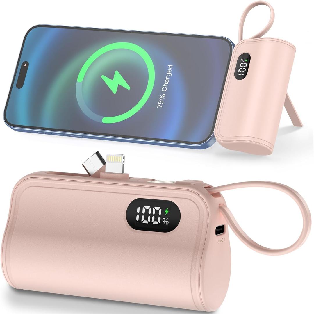Mini Power Bank Portable Charger with Built-in Lightning&USB-C Connector, Compact Battery Pack Travel Portable Phone Charger Compatible with iPhone 16/16 Pro Max/15/14/13/12/11/XR Android Phones etc