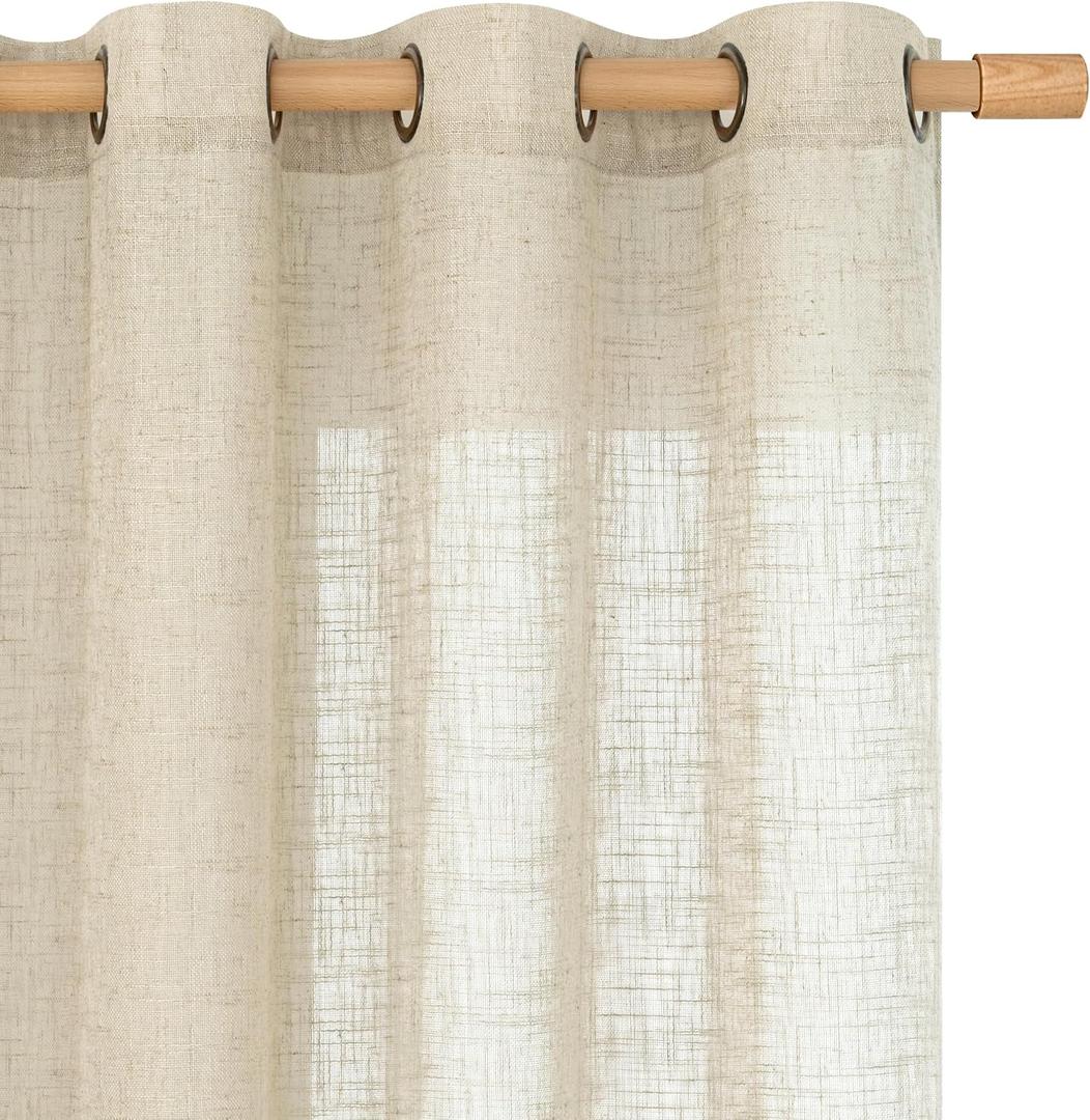 LAMIT Sheer Linen Curtains 84 Inches Long for Living Room, Light Filtering Boho Window Treatments Semi Sheer Neutral Drapes with Bronze Grommet for Bedroom, 52 X 84 Inch, 2 Panels Set, Linen