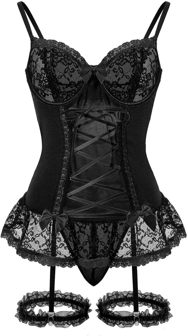 Sexy Mesh Corset Ruffle Lace Up Underwire Sheer Garter Belt Babydoll Lingerie Set With Thong 3 Piece Women (Large, Pure Black)