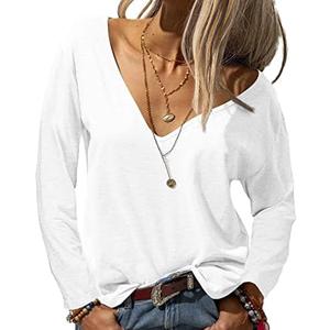 Danedvi Women Fashion Deep V-Neck Long Sleeve Tops Solid Casual Loose Basic T Shirt No Size