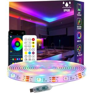 16.4FT Ws2812 RGB+IC LED Strip Lights IP68 Outdoor Waterproof, 5V USB Powered, Music Sync Bluetooth APP/RF Remote Control Lights for Balcony,Deck,Camping,Garden,Bedroom Decor