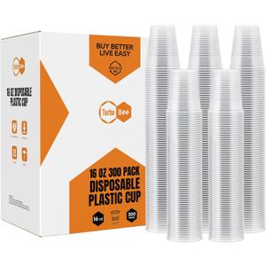 Turbo Bee 16 oz Clear Plastic Cups, 300 Count Disposable Party Cups for Beer, Soda & Iced Drinks, Bulk Cups for Barbecues & Large Gatherings