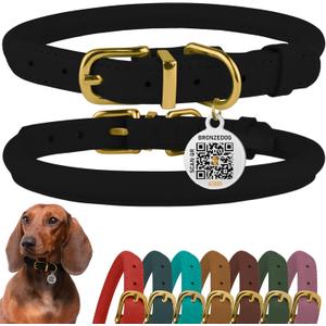 BronzeDog Rolled Leather Dog Collar with QR ID Tag, Adjustable Soft Round Collars for Small Medium Large Dogs Puppy (16" - 19" Neck Size, Black Night)