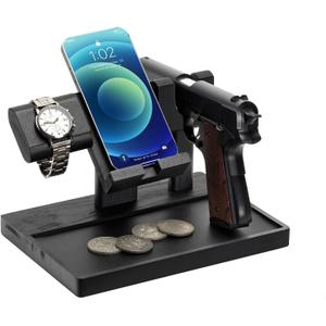 Pistol Rack for Gun Safe, Wood Handgun Rack Holder for Gun, Phone Docking Station as Nightstand Organizer as Gifts for Men Boyfriend Husband Father in Anniversary Birthday Christmas (Weathered Black)