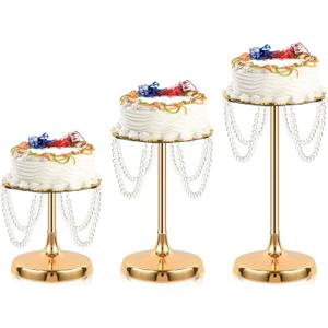 Set of 3 Gold Round Pearl Cake Stand, Dessert Table Metal Cake Display Stand Set with Pearl Pendant Wedding Birthday Cake Base Stand for Wedding Anniversary Birthday Party Celebration