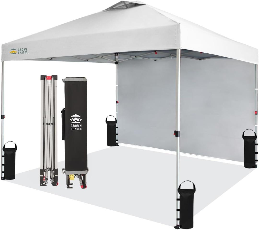 CROWN SHADES 10x10 Pop Up Canopy with 1 Side Wall - Beach Tent with One Push Setup - Outdoor Sun Shade for Events, Parties, Camping - Gazebo with STO-N-Go Cover Bag (White) (Silver-coated White)