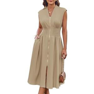 GRACE KARIN Womens Summer Casual Dress, Business Office Work Dresses, Cap Sleeve Zipper Front Flowy Midi Dress with Pockets, L