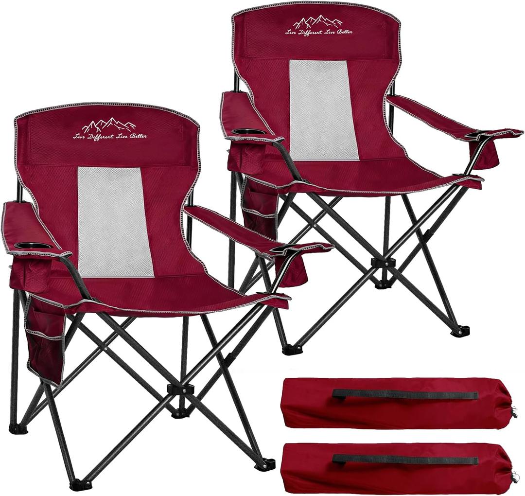 2 Pack Camping Chairs Outdoor Portable Folding Chair with Mesh Back, Red | Heavy Duty 400lbs Capacity Comfortable Breathable High Back with Storage Bag, Cup Holder for Adults Fishing, Beach, Lawn