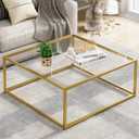 Glass Coffee Table, Small Square Coffee Table for Living Room,Simple Modern Center Tables for Small Spaces, Gold Living Room Tea Tables Easy Assembly,26 * 26inGold & Clear Glass (39.4 x 18.9 x 17.7 inches)
