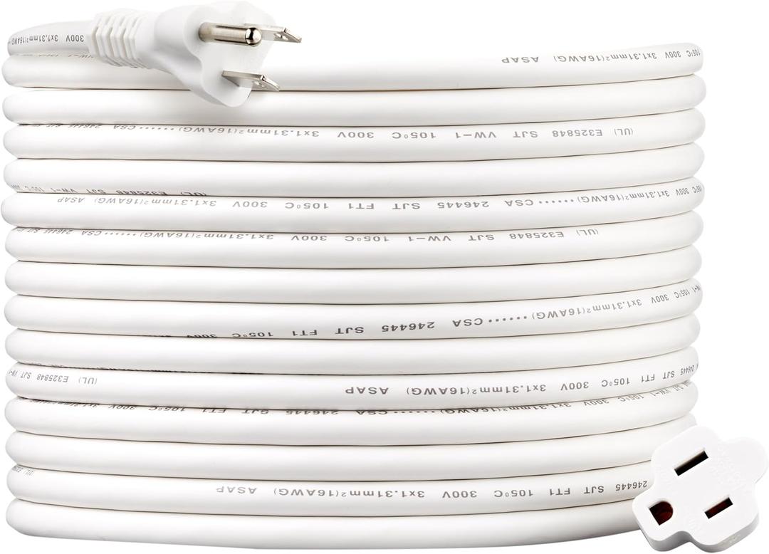 Amazon Basics Extension Cord, 25 Ft, 3 Prong Outlet Extender, Indoor Extension Cord, 13 Amps, 125V, White