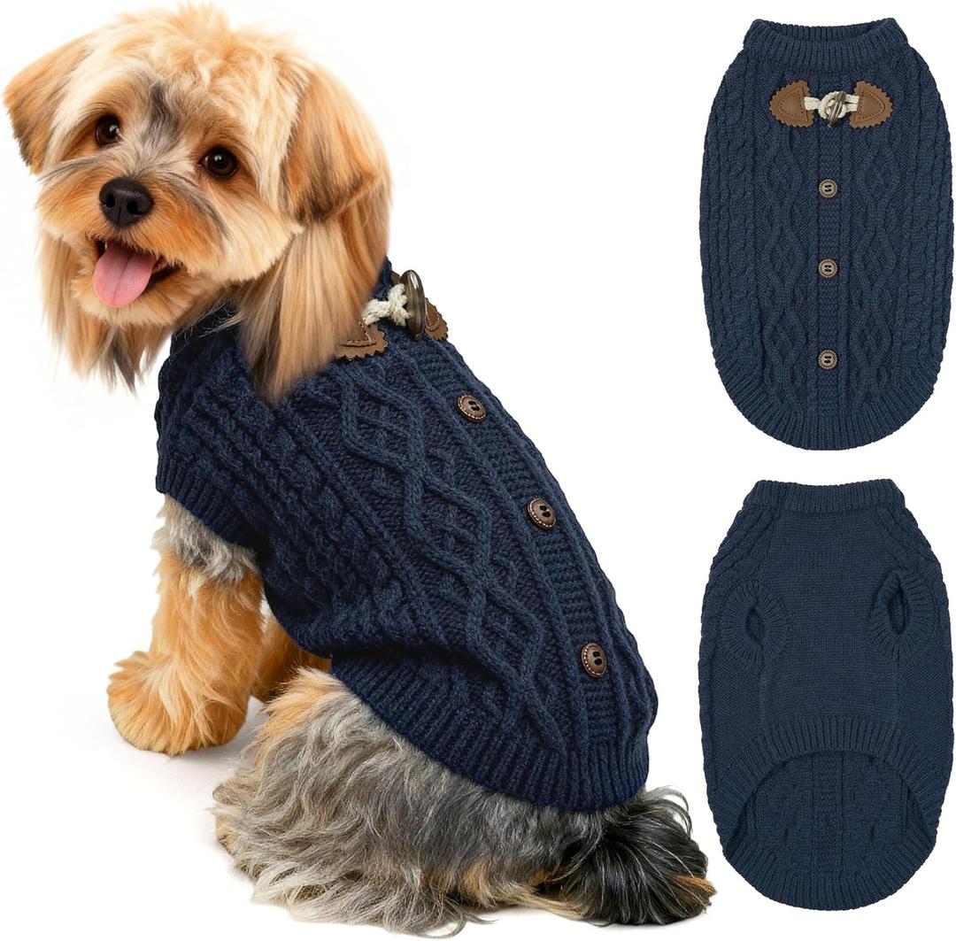 WOYYHO Small Dog Sweater for Dogs Girl Boy, Pet Sweaters Cable Knit Pullover with Cow Horn Button, Winter Knitted Clothes Warm Round Neck for Puppy Chihuahua Yorkie Dachshund Outfit, Navy Blue S