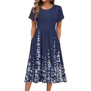 HOTOUCH Women's Summer Short Sleeve A-Line Midi Dresses Casual Floral T-Shirt Dress Flowy Beach Sundress with Pockets, Size Large 