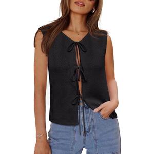 Yousify Womens Tie Front Sweater Vest 2025 Sleeveless Crochet Knit Summer Y2K Going Out Tops