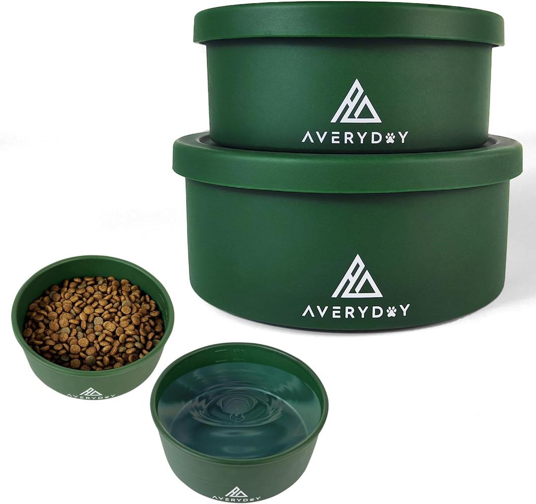 AVERYDAY 50 Oz Travel Dog Bowls with Lids, 2-in-1 Portable Pet Bowls for Food and Water, Leakproof Travel Dog Food & Water Bowl for Outdoor, Camping, Travel Dog Feeding Bowl, Daycare Pet Bowls (Green)