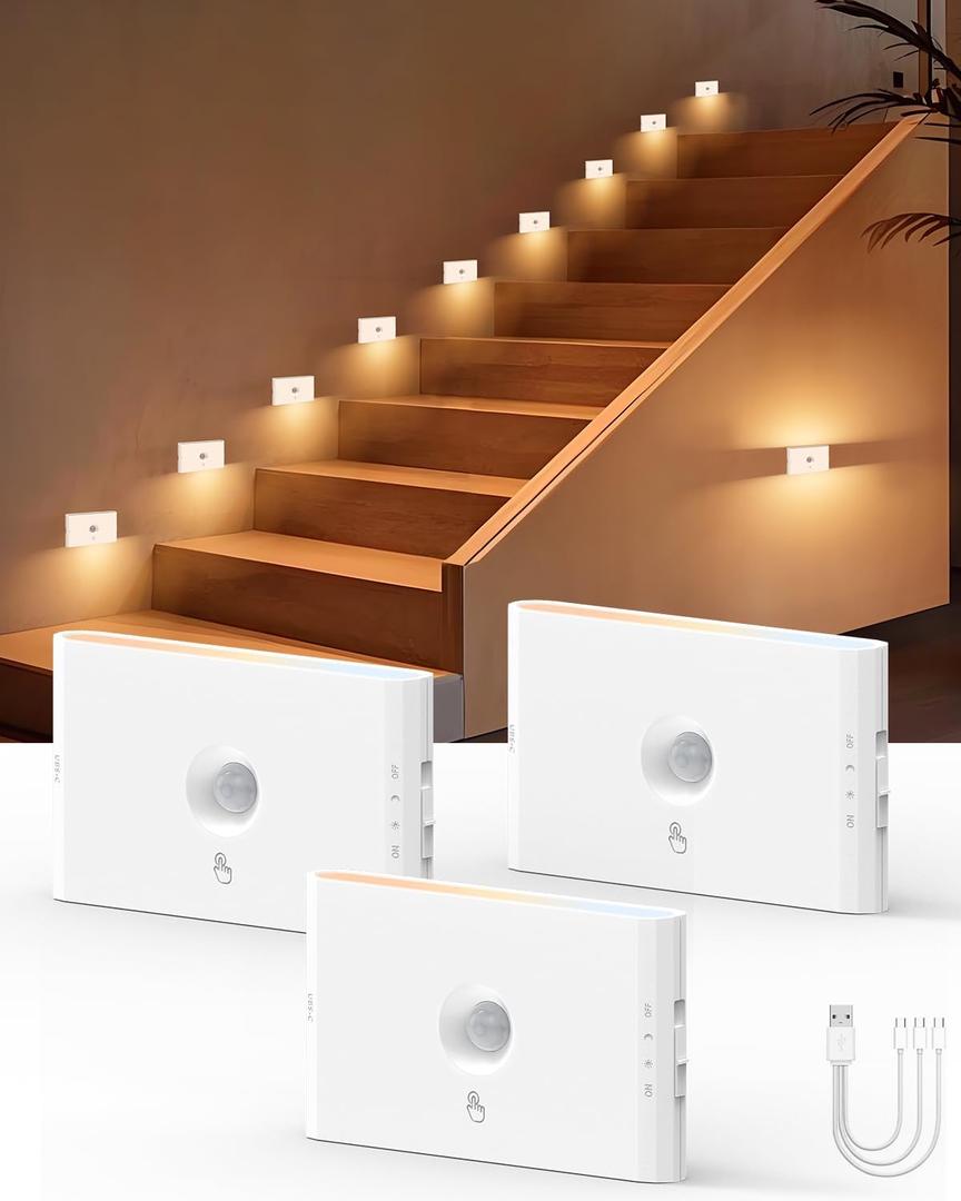 Yiliaw Motion Sensor Stair Light, White Automatic Lights with Magnetic Mount, Rechargeable Night Lights Indoor, Dimmable Battery Operated for Hallway, Stairway, Bathroom, Closet, Kitchen, 3 Pack
