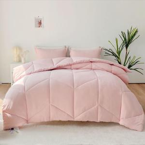 MILDLY Pink Bedding Comforter Sets, Queen Comforter Set 100% Washed Microfiber Super Soft 3 PCS, All Season Reversible Fluffy Down Alternative Quilted Comforter 88x88 inches, 2 Pillow Shams