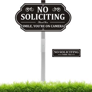 Heavy-Duty Metal No Soliciting Sign for House, 14" X 7" Aluminum No Soliciting Yard Sign with Stake for Home, You're on Camera Outdoor, Weather-Resistant, Non-Fading (WHITE AND BLACK)