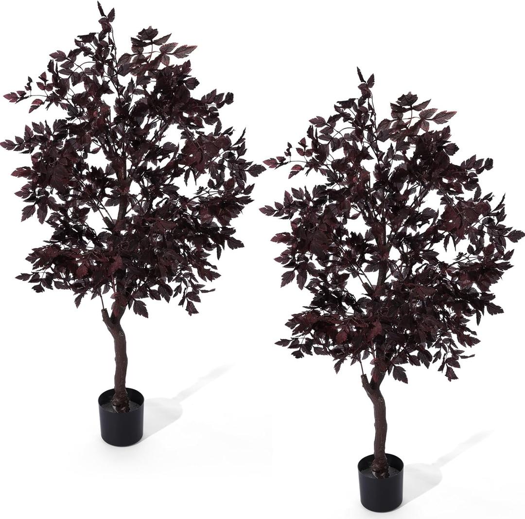 Giegxin 2 Pcs Artificial Cimicifuga Fall Faux Trees 4.4 ft Plum Cimicifuga Stems Plant Realistic Leaf Autumn Halloween Thanksgiving Wedding for Indoor Outdoor Front Porch Fireplace Garden Decor