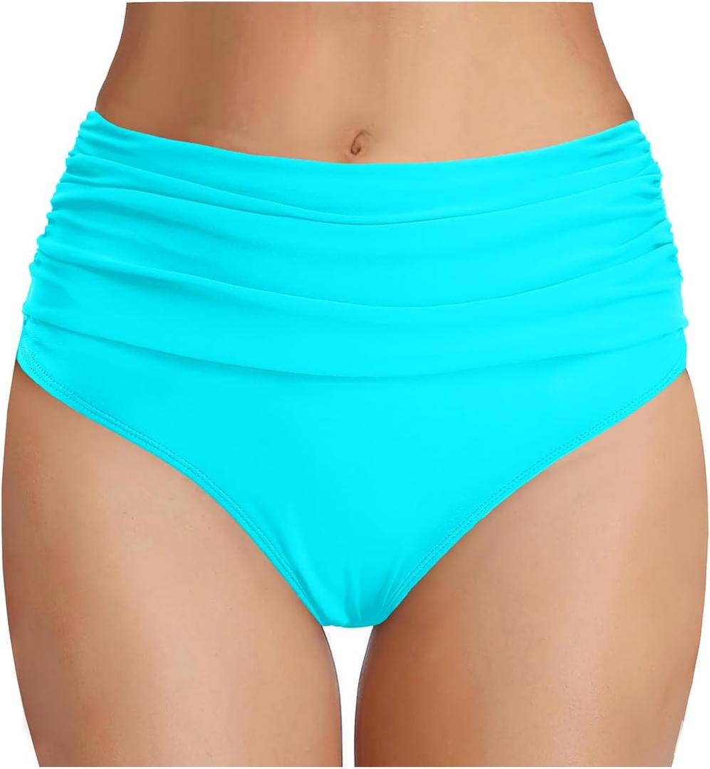 Tempt Me Women's High Waisted Bikini Bottom Tummy Control Ruched Bathing Suit Swim Bottom (Teal, S)