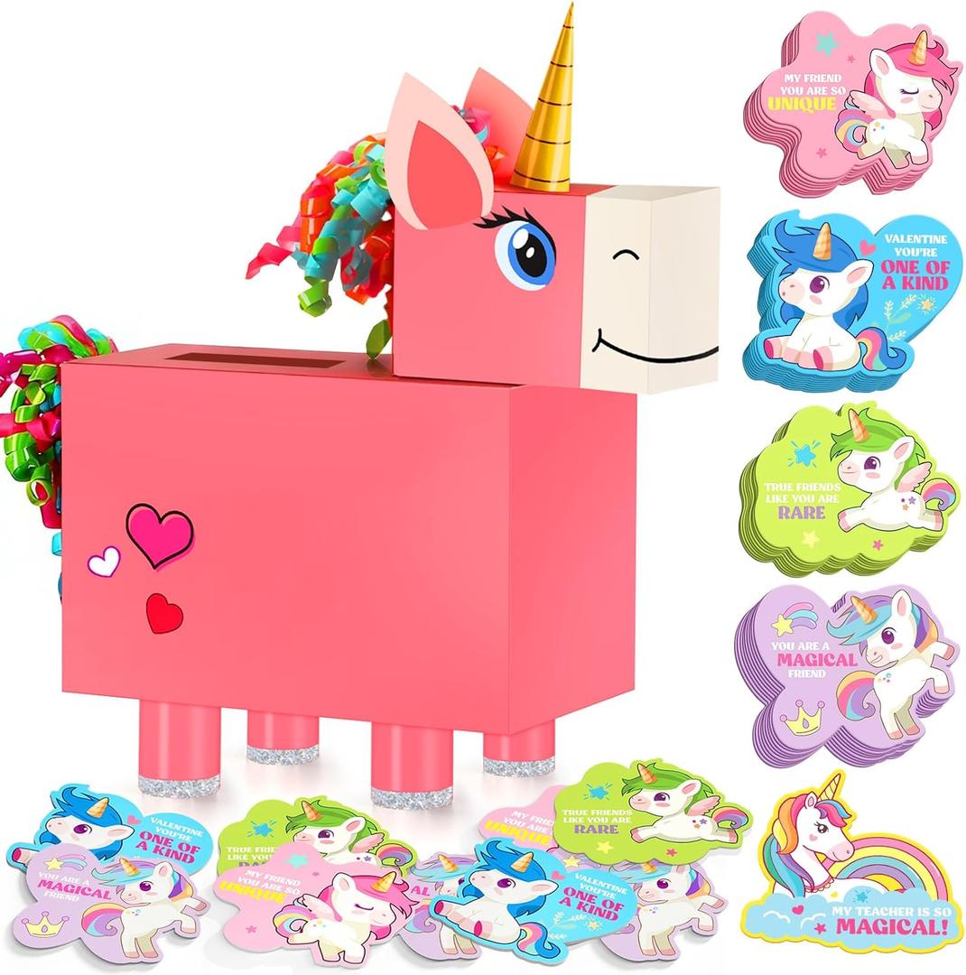 Gloween Valentines Day Boxes and Cards for Kids Classroom School Exchange, Great Valentines Gifts Party Favors for Boys Girls (1 Unicorn Box, 32 Valentine Cards, 1 Teacher Card)