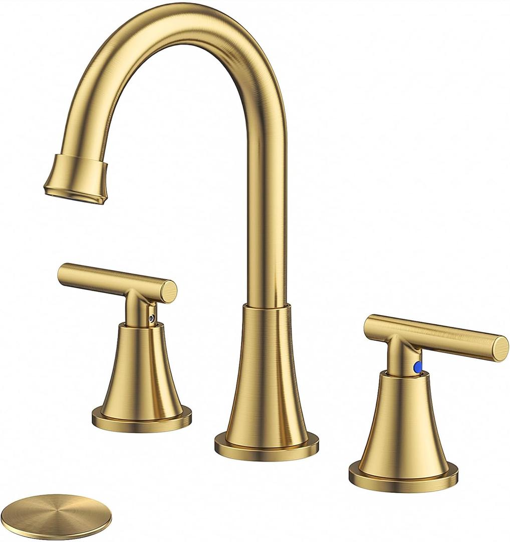 Bathroom Faucets for Sink 3 Hole, Hurran Brushed Gold Bathroom Sink Faucet with Pop-up Drain and Supply Lines, Stainless Steel Lead-Free Widespread Faucet for Vanity RV Farmhouse Sink (8 Inch)