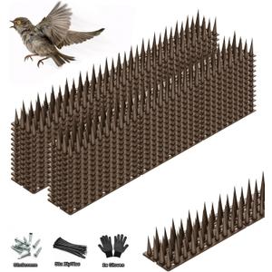 Bird Spikes, 24 Pack, 33.5 FT Total Coverage, Outdoor Bird Deterrent for Pigeons and Small Birds, Helps Keep Cats and Squirrels Away, Plastic Spikes for Fences, Railings and Roofs, Brown