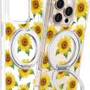 Loheckle for iPhone 16 Pro Max Case with Stand- Compatible with MagSafe Women Girls Cute Clear Girly Aesthetic Unique Design Soft TPU Magnetic Ring Phone Cover for Apple 16 Promax, Sunflower