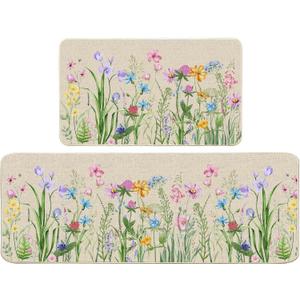 FUTBU Spring Rugs and Mats Set of 2, Hello Spring Floral Kitchen Decor, Farmhouse Colorful Anti Fatigue Mats for Floor Decorations, Rug Mat Home Decor 17"x27"+17"x47"