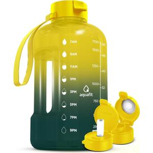 AQUAFIT 64 oz Water Bottle with Time Marker - Straw & Chug Lid - BPA Free Half Gallon Gym Water Bottle with Handle - Big Gallon Jug (Forest Fade, 64 Ounces)