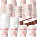 48 Sets Floral Paper Coffee Cups with Lids and Sleeves 8oz Vintage Flower Disposable Drinking Cups Bulk for Birthday Wedding Bridal Shower Tea Party Supplies (Pink)