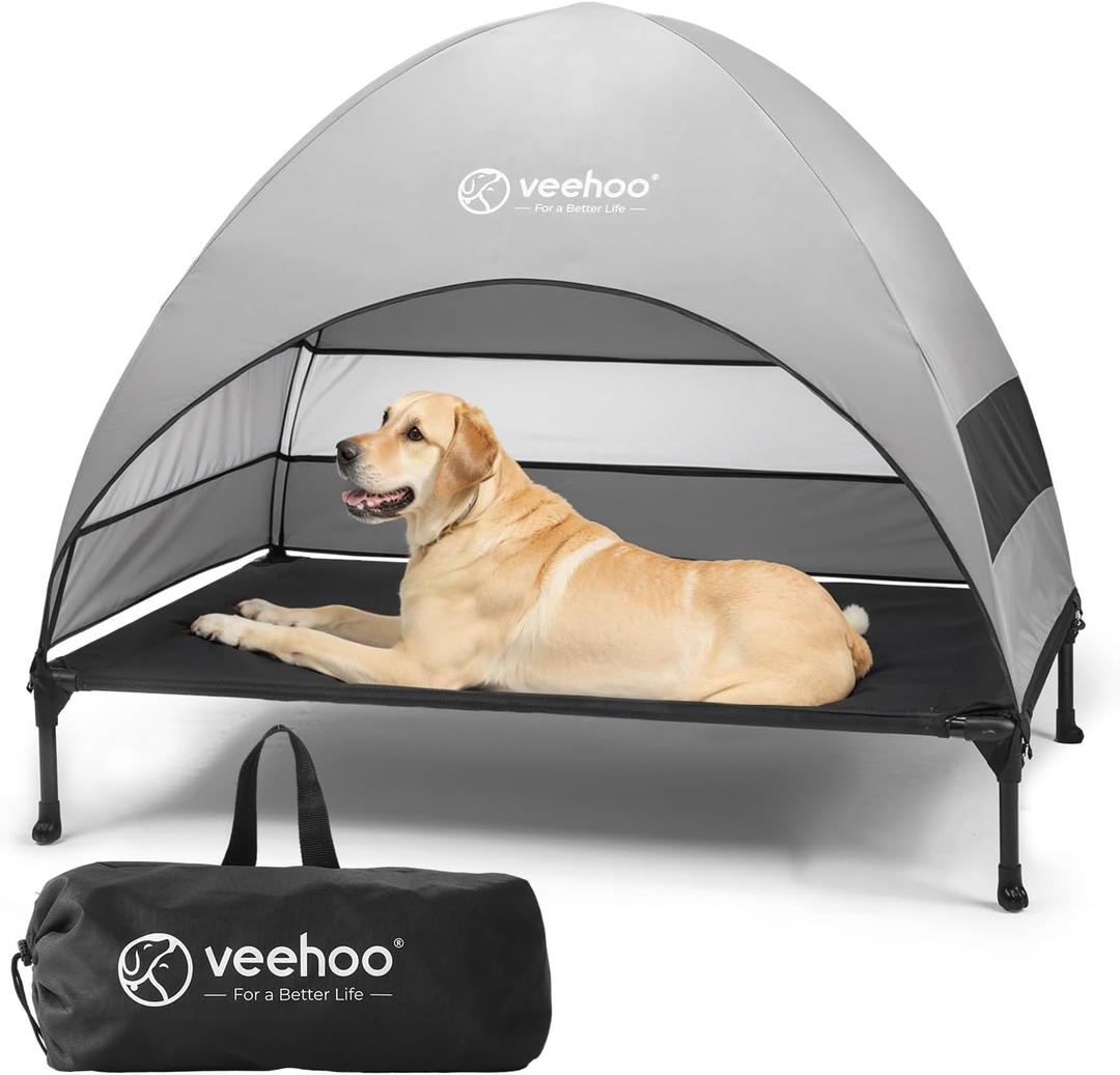 Veehoo Outdoor Dog Bed with Canopy, Cooling Elevated Pet Cot with Removable Shade, Non-Slip Feet, Raised Dog Cot for Large Dogs, Pet Tent Bed for Camping, Beach, Large, Black, CWC2411 (42.0"L x 30.0"W x 33.5"Th)