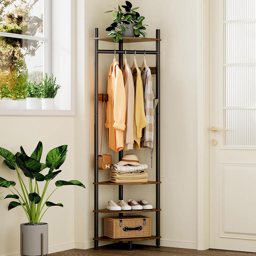 GiftGo Corner Hall Tree with Shoe Rack Entryway Coat Rack with 6 Metal Movable Hooks Floor Standing Clothes Rack Organizer for Home Office Bedroom (Rustic Brown)