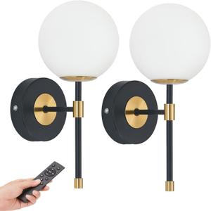 Battery Operated Globe Wall Sconces Set of 2, Black & Gold Wireless Wall Lights with Remote Control, Rechargeable 3 Color Stepless Dimming Modern Wall Decor Lamp for Bedroom Living Room Hallway (Straight Tube)