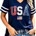 Decogiver Shirt Women V-Neck Short Sleeve Graphic Top (Blue)