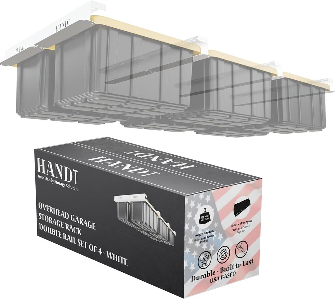 HANDT Overhead Garage Storage Rack, Connectable Heavy Duty Metal Ceiling Rails For Garage Storage Organization Shelving System, Hanging Racks For Tote Containers, Supports Up To 6 Bins, 4 Sets White