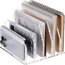 SANRUI Acrylic Desk Mail Organizer Sorters, Clear 5 Upright Compartments Laddered Desktop File Letter Holder, Multifunction Envelope Vertical Folder Racks Document Holders for Office, Home, School