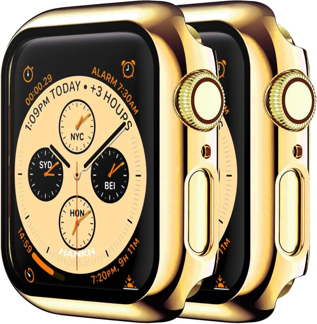 2 Pack Hard Case for Apple Watch Series 9 8 7 41mm Tempered Glass Screen Protector Case, Plated Cover Full Coverage Shockproof Iwatch Bumper (41mm, Gold+Gold)