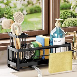 SWTYMIKI Sponge Holder for Kitchen Sink - Sink Caddy with Brush Holder Self-draining Sponge Caddy Organizer with Divider Stainless Steel Kitchen Accessories Storage for Countertop, Black, Medium