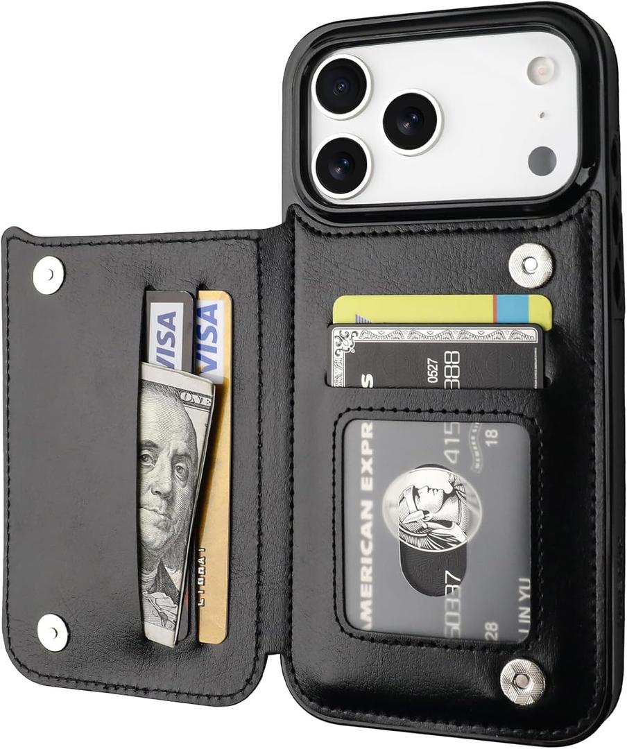 ONETOP Compatible with iPhone 17 Pro Max Wallet Case with Card Holder, PU Leather Kickstand Card Slots Case, Double Magnetic Clasp and Durable Shockproof Cover 6.9 Inch (Black)