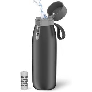 PHILIPS Water Bottle with Filter, Filter Water Bottle Stainless Steel with GoZero Everyday BPA-Free Tap Water Filter, Water Filter Bottle Keep Drink Cold 24 Hours, 1 Filter for 40 gal / 2 Months (18.6 Ounces)