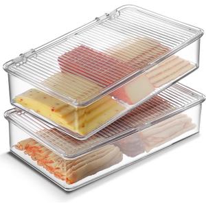 Tafura Bacon Container For Refrigerator (2 Pack) Fridge Storage Organizer, Cheese & Deli Storage Container, Bacon Keeper, Cold Cuts Meat Saver, Cheese Holder, BPA Free
