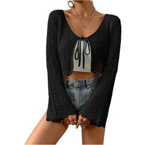 Verdusa Women's Tie Front Bell Long Sleeve Crop Cardigan Lightweight Scalloped Knit Tops (Large)