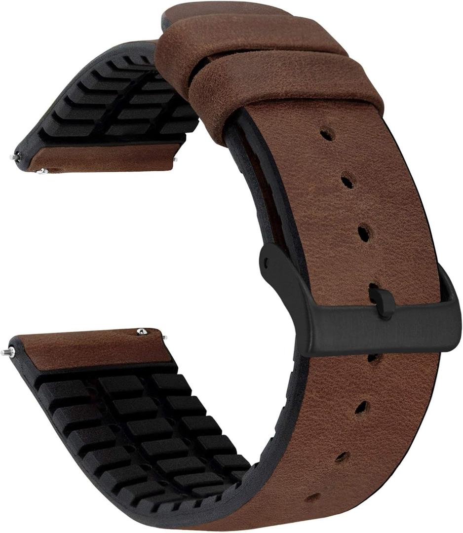 BARTON Leather and Rubber Hybrid Straps with Integrated Quick Release Spring Bars - 316L Stainless Steel - Choose Color - 18mm, 20mm & 22mm Watch Bands (Walnut & Black Buckle)