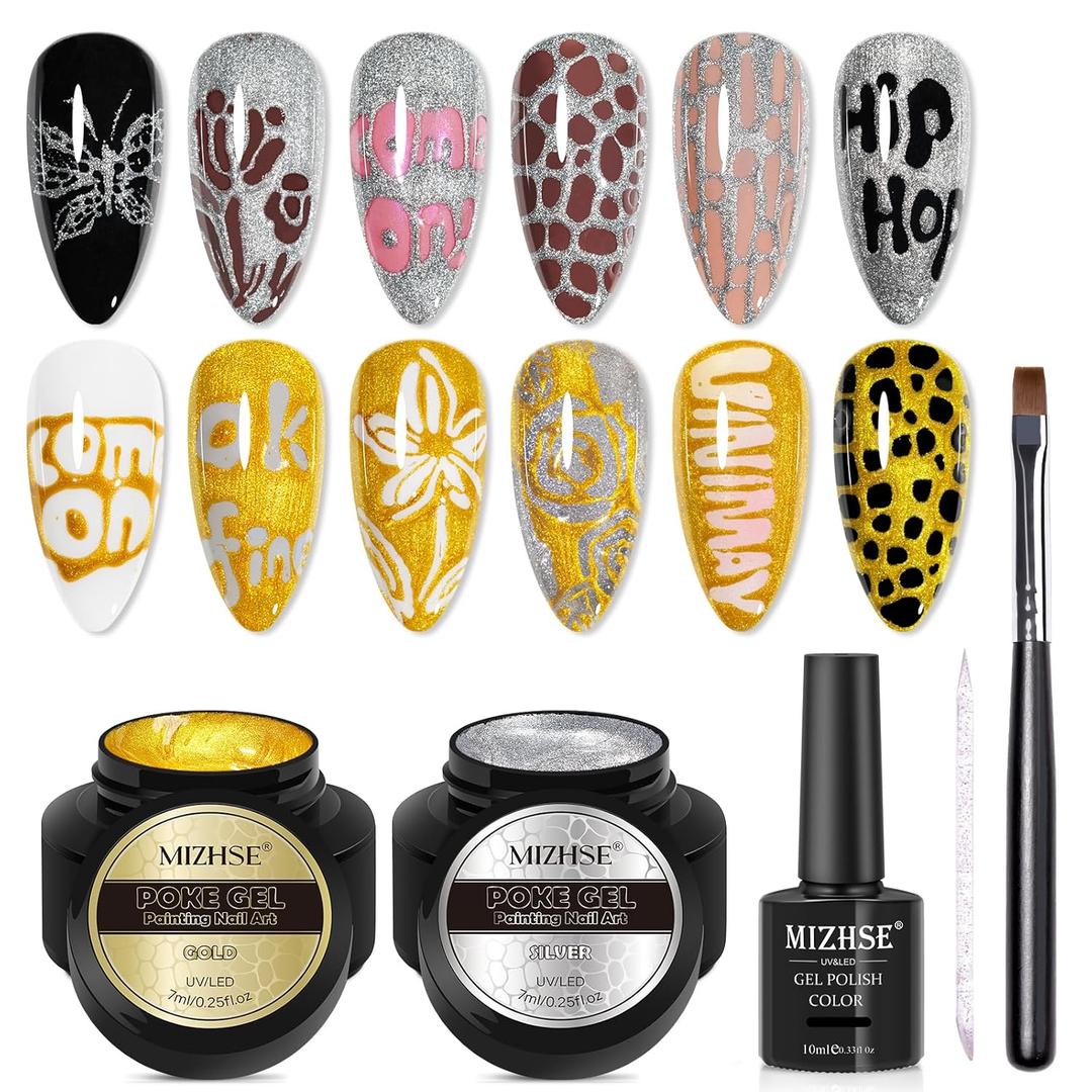 MIZHSE Gold and Silver Poke Gel Nail Polish, with Professional Poke Foundation Gel and Brush Tool, Multifunctional Drawing Painting Nails Art Design Lace Letter Wave Flower Manicure DIY Home