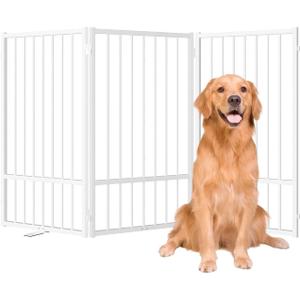 SNUOWU Full Metal Freestanding Dog Gate with Door, 32''Height Foldable Pet Dog Fence for Indoor & Outdoor, 3 Panels Extra Wide Free Standing TallDog Gates for Doorways,House,Stairs,Porch,Deck,Yard