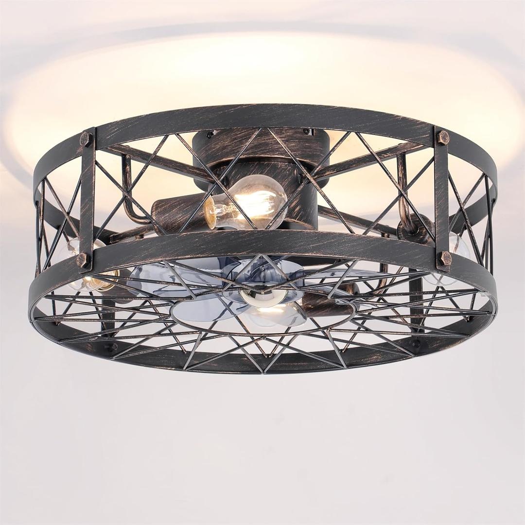 24" Farmhouse Flush Mount Caged Ceiling Fans with Lights, Rustic Low Profile Ceiling Fan with Light and Remote, Reversible DC Motor Bladeless Enclosed Ceiling Fan for Bedroom Laundry Room Kitchen