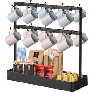 Coffee Mug Holder for Countertop, Cup Holder Rack with Slidable 16 Hooks, Large Mug Holder with Storage Base for Coffee Bar, Kitchen, Dining Room - Black