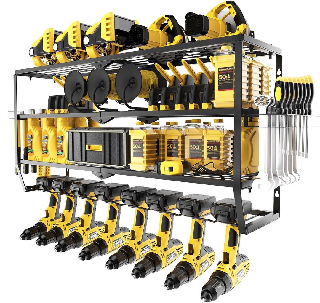 DRQ 40" W Large Power Tool Organizer Wall Mount, Heavy Duty Garage Tool Organizer Storage, 150LBS Load 4 Tier Storage Rack with 8 Drill Holders Cordless, Tool Holder for Workshop, Gift for Men Dad