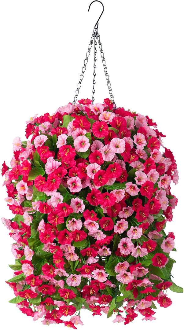 Artificial Flowers with Hanging Basket, Outdoor Faux Plants Silk Morning Glory Vines, Fake Green Arrangement for Garden Patio Spring Summer Decor(Rose Red)